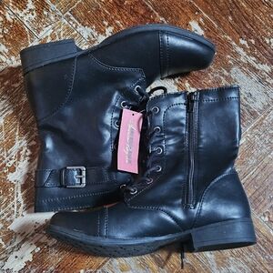 Faux Black Leather Combat Boots